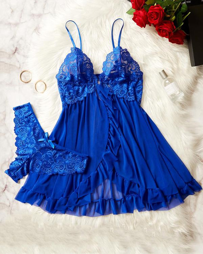 Women's Lace Sexy Ruffle Suspender Nightdress and Panty Set